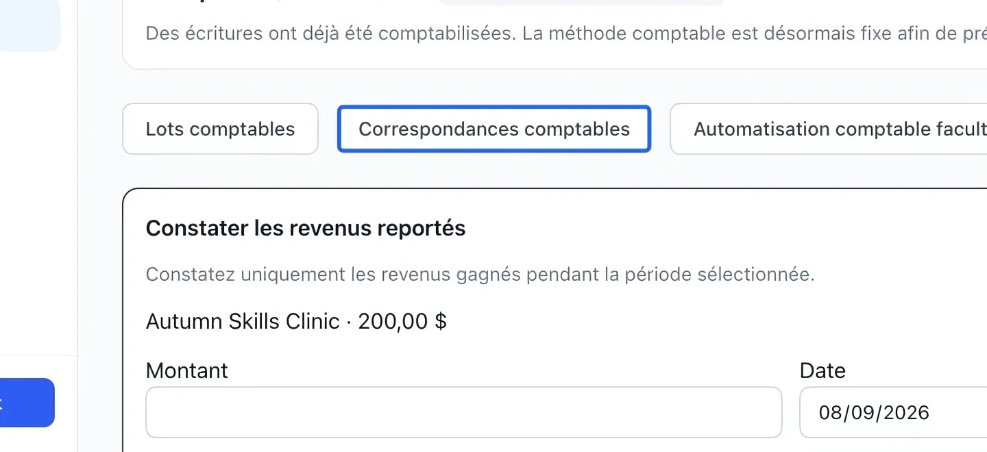 Capture : Relier les comptes à vos activités. Les cadres bleus indiquent les commandes décrites dans cette étape.