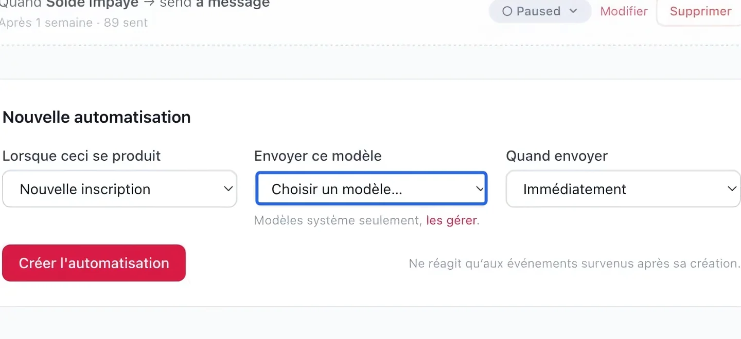 Capture : Choisir le modèle de message. Les cadres bleus indiquent les commandes décrites dans cette étape.