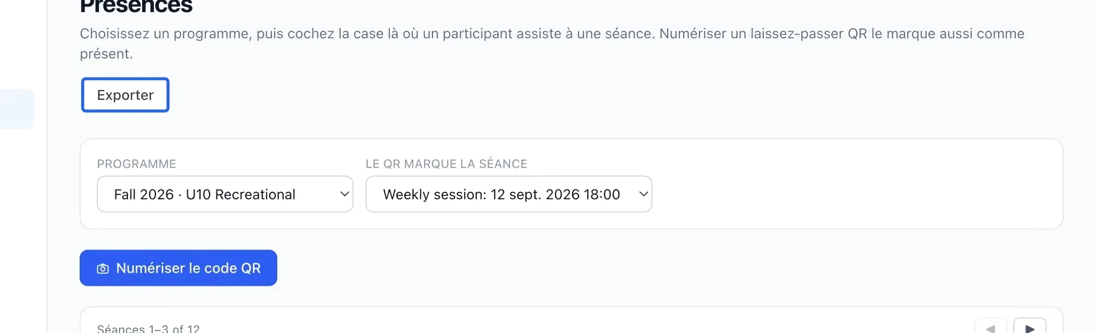 Capture : Exporter ou consulter les présences. Les cadres bleus indiquent les commandes décrites dans cette étape.