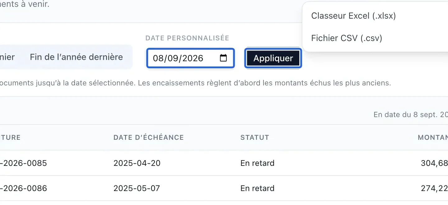 Capture : Choisir la date du solde. Les cadres bleus indiquent les commandes décrites dans cette étape.