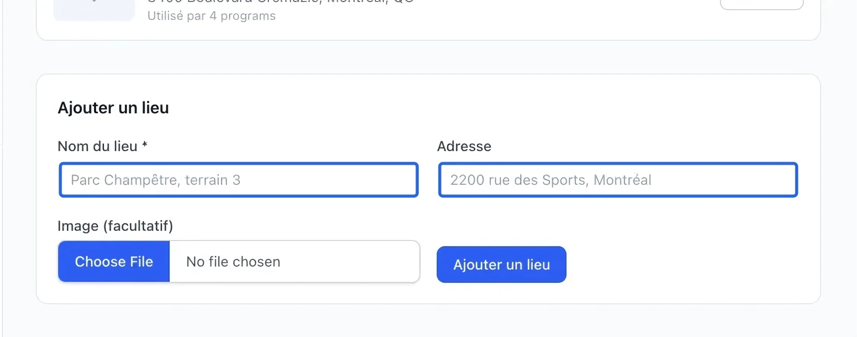 Capture : Ajouter un lieu. Les cadres bleus indiquent les commandes décrites dans cette étape.