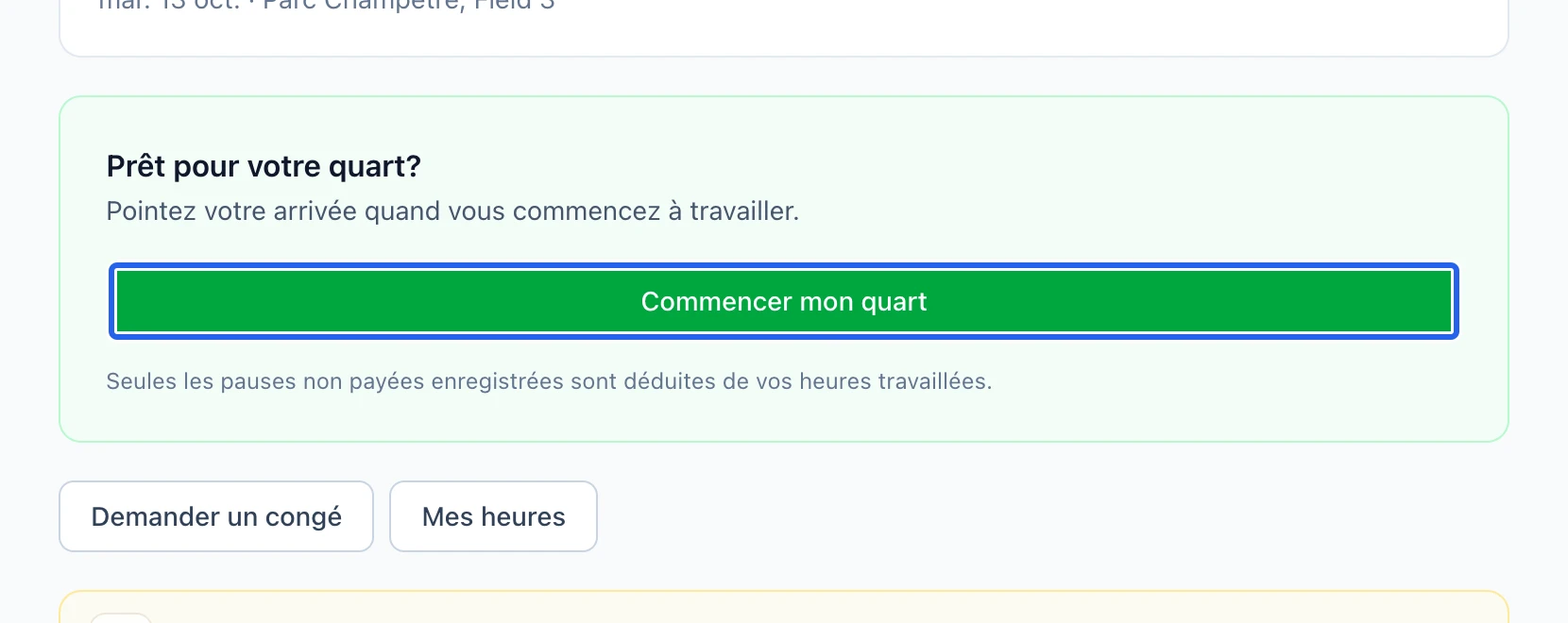 Capture : Enregistrer et vérifier ses heures. Les cadres bleus indiquent les commandes décrites dans cette étape.
