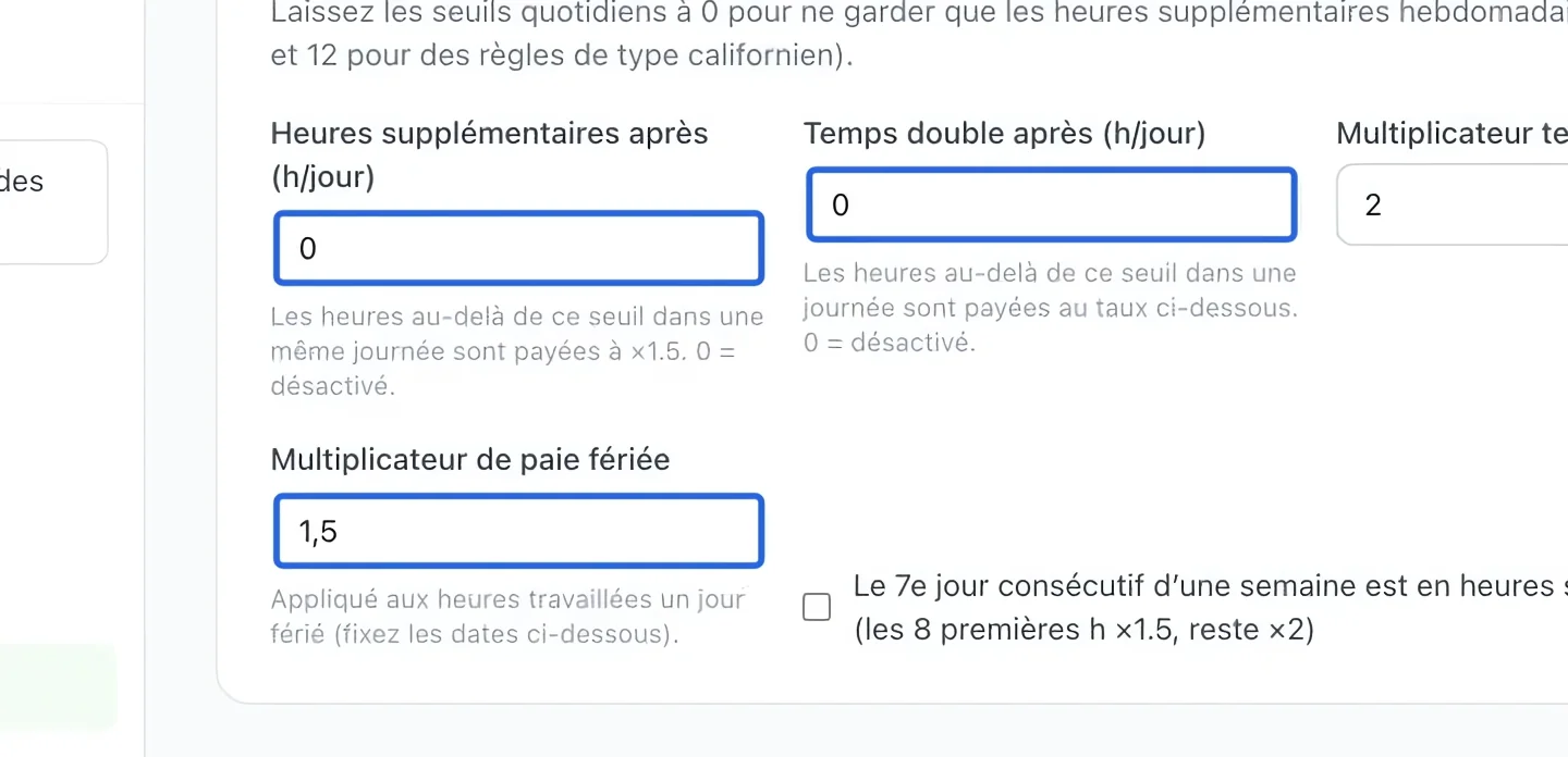 Capture : Vérifier les règles quotidiennes et de jours fériés. Les cadres bleus indiquent les commandes décrites dans cette étape.