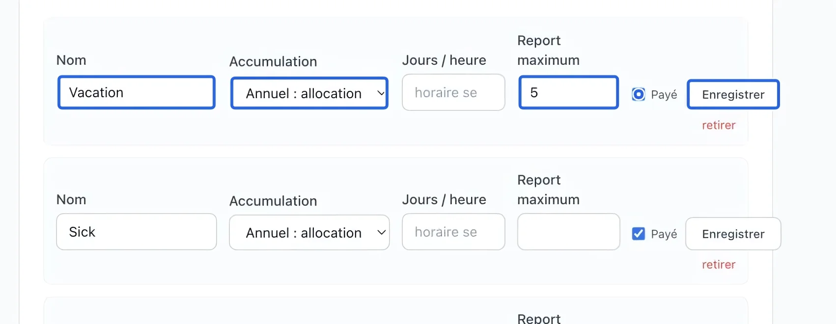 Capture : Configurer les types de congés. Les cadres bleus indiquent les commandes décrites dans cette étape.