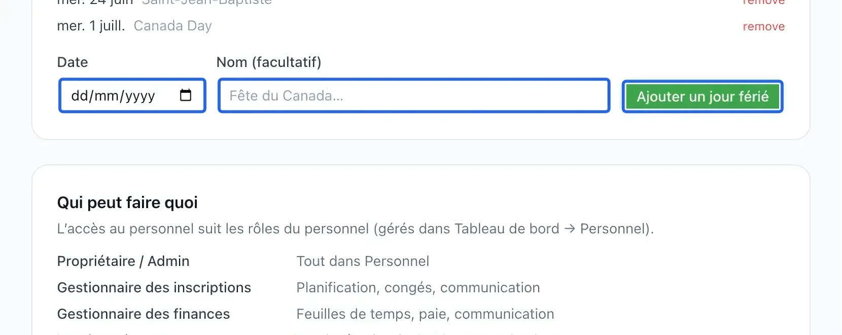Capture : Ajouter les jours fériés. Les cadres bleus indiquent les commandes décrites dans cette étape.